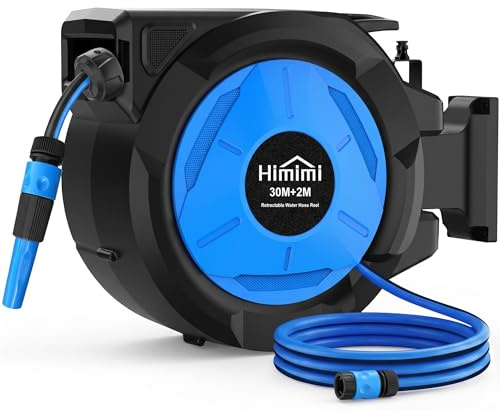 Himimi Enrollador de Manguera Jardín Retráctil de Pared, Manguera Enrollable 30 m + 2 m 1/2'', Carrete Manguera Jardín Automático con Rebobinado Lento, Bloqueo Libre y Soporte 180°