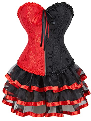 Grebrafan Embroidered Boned Corset with mini Short Sweet Club Skirts (UK(18-20) 4XL, Black red)