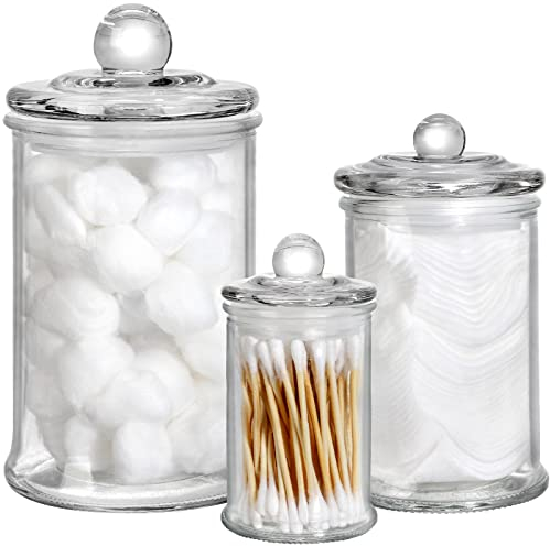 Suwimut Set of 3 Glass Apothecary Jars with Lids, Bathroom Vanity Storage Organizer Clear Apothecary Jars Qtip Holder Canister Set for Cotton Swabs,Makeup Sponges, Mason Jar Bathroom Accessories Set