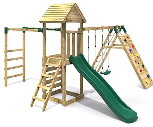 Rebo® Children's Wooden Climbing Frame with Swings, Slide, Up and Over Climbing wall and Monkey Bars - Dolomite | OutdoorToys | Sturdy Wooden Construction, Pressure Treated Timber