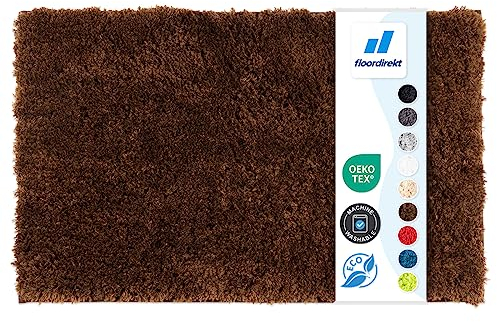 Floordirekt Badematte Sky - Badezimmerteppich - Weicher, dichter Hochflor - Rutschhemmend & Schnell trocknend - Geeignet für Fußbodenheizung - Eckig & Rund (80 x 150 cm, Braun)