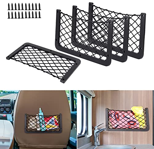 UIHOL Rete per Bagagliaio Auto 4 PCS, Organizer Portaoggetti per Auto 35,5 * 18,5cm, Rete Borsa Multifunzionale per Bagagliaio per Auto Sedile Groceries per RV, Camper, Barche, Casa (con 20 Viti)