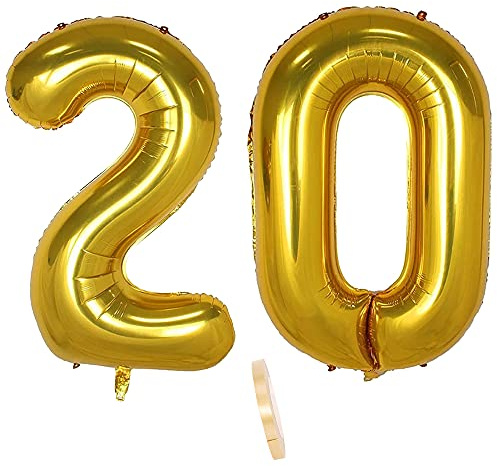 2 globos numeros 20 años, Number globo número 20 Dorado para Hombres Mujeres niños,40 Figuras Gold globo de lámina de helio inflable, gigante grande decoración fiesta de cumpleaños boda (xxxl 100cm)