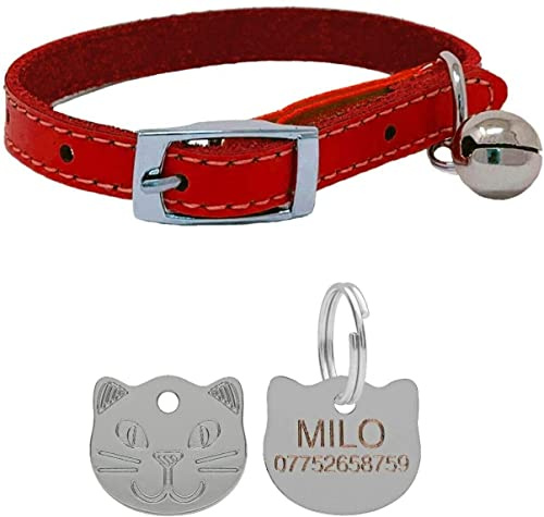 Genuine Leather Cat Collar with Safety Elastic & Bell with Personalised Engraved Cat Face Tag (Red)