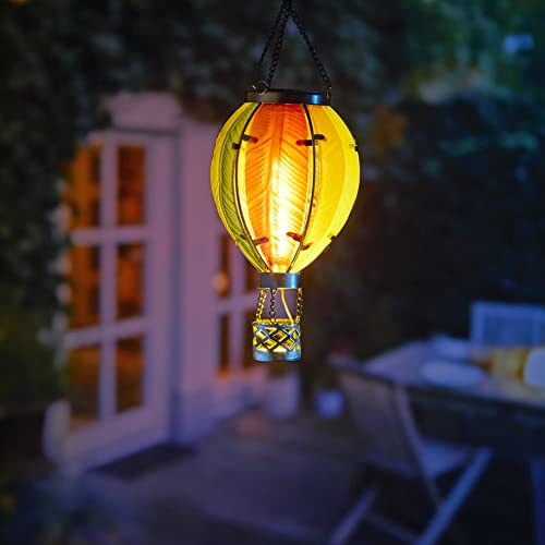 Solar Heißluftballon LED Lampe aus echtem Glas – Wetterfeste Hängelaterne für Garten, Balkon & Terrasse – Solar Windlicht mit warmweißem Licht – Outdoor Deko Beleuchtung zum Aufhängen