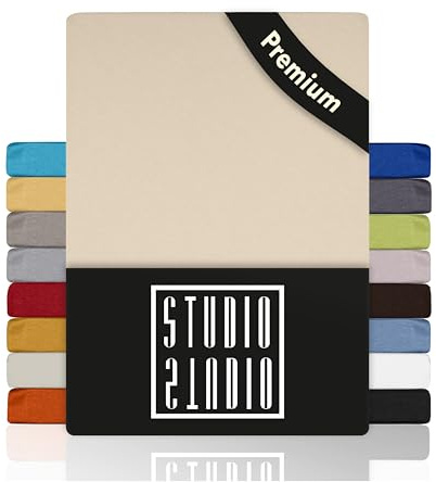 STUDIO Premium Spannbettlaken 180x200cm, 180x220cm, 200x200cm & 200x220cm – Jersey-Spannbetttuch aus 97 % Baumwolle & 3 % Elastan – Creme – Öko-Tex Zertifiziert, bügelfrei – für Matratzen 15–35cm
