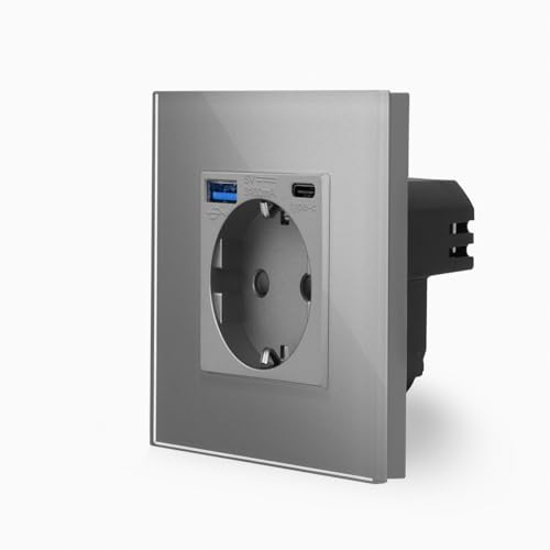 Luxus-Time Schuko Einbau Steckdose + USB 2-fach Typ A/C Netzteil Ladegerät 20W Mehrfachstecker UP Ladestecker grau mit Glasrahmen MP010U-BG1-15