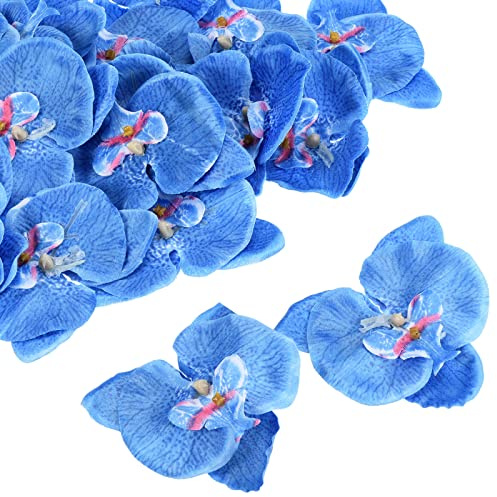 PATIKIL 3,9 Konstgjord Orkidé Blomma Huvud 20st Silk Phalaenopsis Falsk Fjäril Orkidé Huvud för bröllop Blommig Bukett DIY Dekoration Hantverk Gör Blå