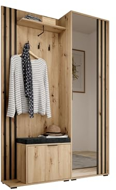 Garderobe mit Spiegel Flurgarderobe Garderobenschrank Kompaktgarderobe Dielenschrank Garderobe Set Regal Diele & Flur Kleiderschrank Schuhschrank 135x197x34 cm John, Artisan und Schwarz mit Kissen