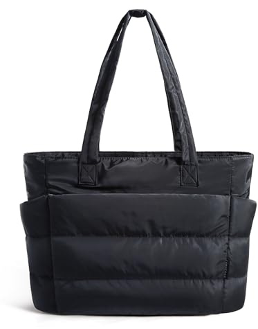 BAGSMART Tote Bag for Women, Lightweight Puffy Tote Bag with Compartments Shoulder Bag Handbag for Travel, Work, Gym (a-Standard Size-Black, Standard Size)