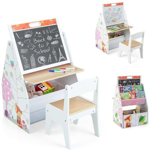 COSTWAY Cavalletto per Bambini Doppio Lato, Set Tavolo e Sedia per Bambini con Lavagna Magnetica e Lavagna Bianca, Contenitore in Tessuto e Libreria(Bianco)