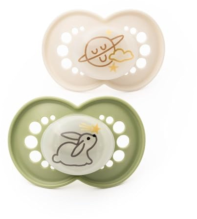 MAM Original Glow-in-the-Dark Dummies, 18-36M, 2 Pack, Orthodontic Design | SkinSoft Silicone Teat, Comes in Dummy Steriliser Box, Sustainable Materials, Baby Accessories, Cream (Designs Vary)