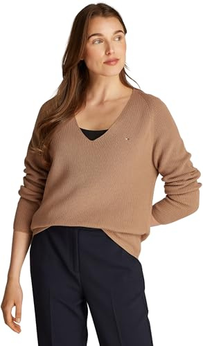 Tommy Hilfiger Donna Pullover Cardi Fine Scollo a V, Beige (Safari Canvas), XL