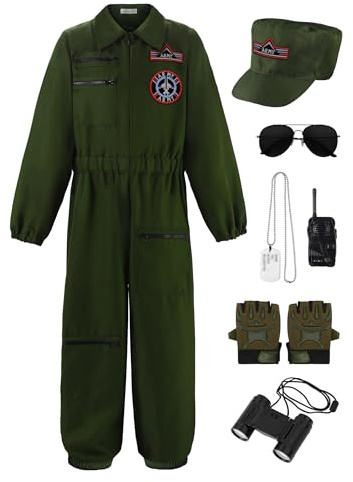 ReliBeauty Pilot Kostüm Kinder, Kampfjet Pilot Costüm Kinder Grün mit Zubehör，160