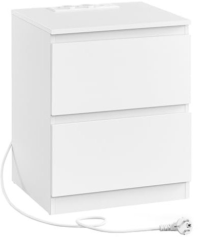 VASAGLE Kailyn Kollektion - Nachttisch mit Steckdosenleiste, Beistelltisch 2 Schubladen, 2 AC-Steckdosen, 2 USB-A-Anschlüsse, für Schlafzimmer, wolkenweiß LET621W02