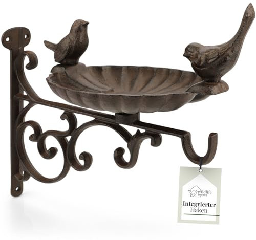 wildlife home Vogeltränke hängend mit Wandhalterung 'Zwei Vögelchen' Garten, Balkon I Vogelbad zum Aufhängen frostsicher aus Gusseisen, Vogelfutterstation für Vögel, Wildvögel