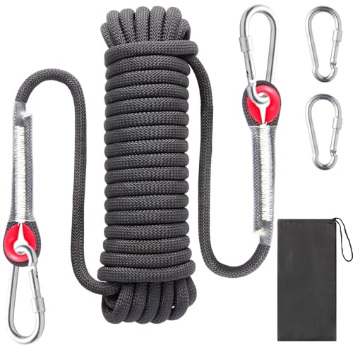10m Corde d'escalade, Corde d'escalade Extérieure Corde d'escalade Statique de 10mm, Corde Sécurité Escalade, Escape Corde avec 2 Mousquetons pour Le Feu, Alpinisme, Camping, Parachute, Noir