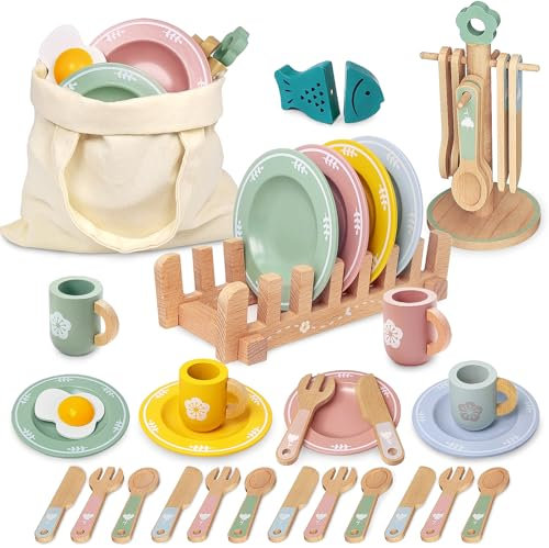 25PCS Wooden Tea Set, Pretend Play Kitchen Toys for Kids Age 3+, Plates, Cups, Cutlery & Tea Accessories Montessori Learning Toys Gift for Toddlers Boys & Girls