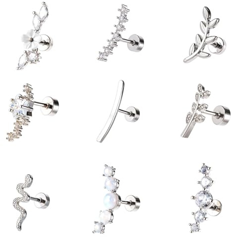 HJZHII Piercing hélix - 16 g - Cartilage - Piercing tragus - Bijoux d'oreille en acier inoxydable - Dos plat - Avec strass, 1.2 x 6 x 4 mm, Strass en acier inoxydable, Pas de gemme