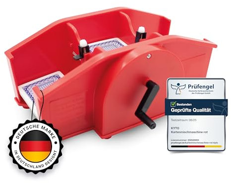 Kyto Manuelle Kartenmischmaschine mit Handkurbel – Spielkarten-Mischer für Poker, UNO, Skat, Rommé, Skip-BO & Blackjack – Inkl. Spielkarten & Anleitung – Robustes Kunststoffgehäuse – Rot