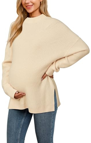 OUGES Winter Clothing for Women Maternity Oversized Sweater 2025 Wool Blend Fall Outfits Trendy Plus Size Turtleneck Long Sleeve Ribbed Knit Side Slit Pullover Tops Clothes(Apricot,M)