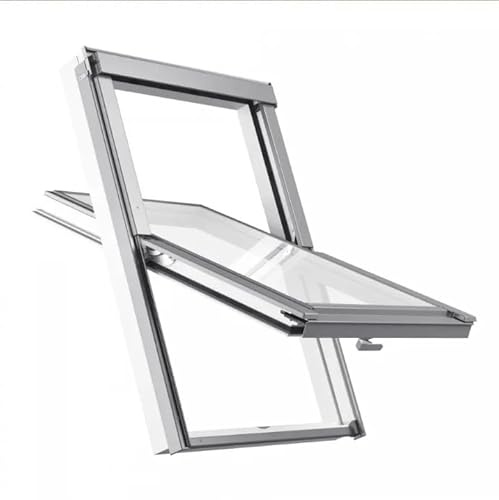 Dachfenster Kunststoff Velux Gruppe SOLID PVC Schwingfenster 55x98 cm doppelt verglast gehärtetes Außenglas Uw 1,3 W/m²K inkl. Eindeckrahmen für Ziegeldach weiß innen Aluminium grau