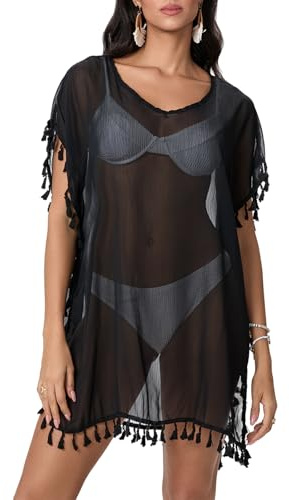 Women See-through Bikini Cover Ups Fringe Beach Bathing Suit Blouse Summer Sexy See Through Mini Dress Swimwear (A-Black, One Size)