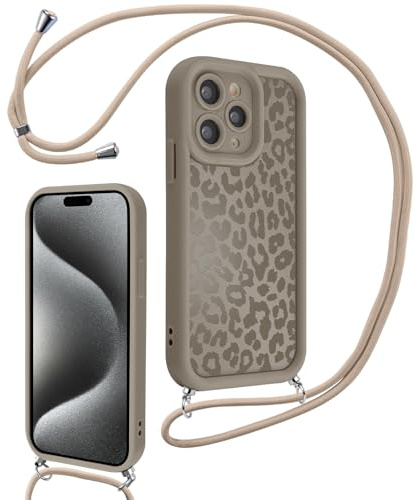Xylota Nyckelbandsfodral för iPhone 15 Pro, Estetisk Leopard Design Justerbar Halskedja Axelrem Snören Fodral, Reptåligt Stötdämpande Silikonfodral för iPhone 15 Pro 6,1 tum, Brun