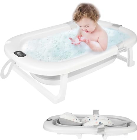 XXL Baignoire Pliable Bébé avec Thermomètre à eau, baignoire bebe pliable pour les bébés de 0 à 6 ans,80 * 50 * 23-Gris