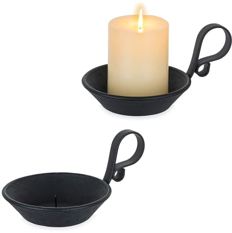 Inweder Iron Pillar Candle Holder: 4.6 in Gold Candle Plate Brass Pedestal Stand Vintage Decorative Tray for 3 Wick Jar Candles Tealight Votive Table Home Christmas Set of 2 (Black-with Spike, 2 Pcs)