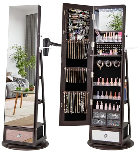 COSTWAY Armoire à Bijoux avec Miroir sur Pieds, Pivotant 360°, Miroir Psyché sans Cadre, Lumières LED, Verrouillable, Support pour Sèche-Cheveux, 3 Étagères à l’Arrière, Grand Tiroir (Café)