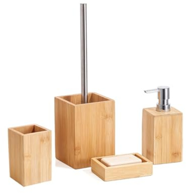 BM Set Accessori Bagno in Bambù 4 Pezzi – Dispenser Sapone, Portaspazzolino, Portasapone, Porta Scopino WC – Design Naturale ed Elegante, Ideale per Bagno Moderno e Minimalista