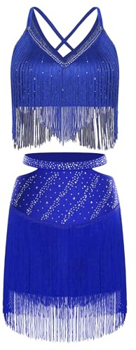 RUNQHUI Tenue Danse Latine Femme Robe Danseuse Crop Top Strass Franges Jupe Costume Spectacle Compétition Bleu M