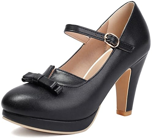 Nero,45 EU,Scarpe con Tacco Alto Taglie Grandi Fiocco Tacco Grosso Punta Rotonda Scarpe con Piattaforma Suola Spessa Comode Perfette per Uso Quotidiano e Uscite Casual