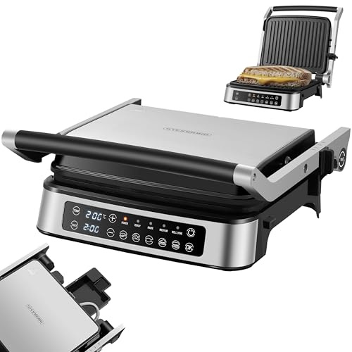 Steinborg® Kontaktgrill med avtagbara plattor med pekskärm – elektrisk bordsgrill och paninigrill, 180° fällbar, non-stick kokplattor tål diskmaskin