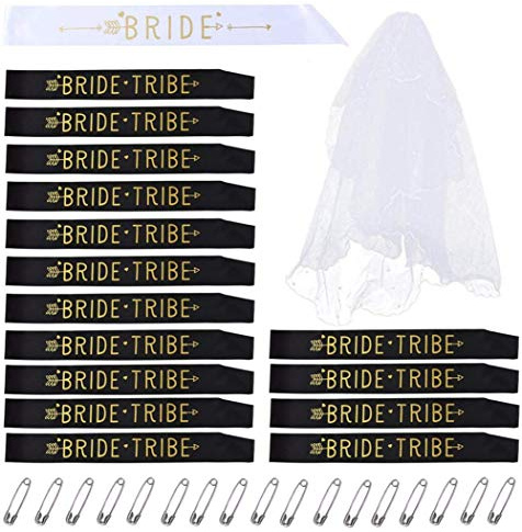 Bride Tribe Bachelorette Party Sash Set: 1 Bride To Be Sash, 15 Bride Tribe(Maid Of Honor Sash), 1 Cascading Veil, 17 Pcs Wedding Decorations Kit For Bridal Shower, Engagement Party Favors & Supplies