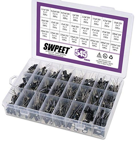 Swpeet 545 st 24 typer olikt kondensatorer räckvidd 0,1 uF-1 000 uF, 10 V/16 V/25 V/50 V aluminium radiella kondensatorer för TV, LCD-skärm, radio, stereo, spel