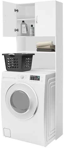 ECD Germany Meuble pour Machine à Laver 63 x 25 x 190 cm Blanc 2 Portes 4 Étagères de Rangement Armoire Haute Salle de Bain Lave-Linge Sèche-Linge Panneaux en Aggloméré Mélamine Design Minimaliste