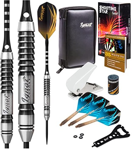 IgnatGames - Steel Dartpfeile Set - Professionelle Wolfram-Dartpfeile mit Alu-Schäften, O-Ringen aus Gummi und Zusätzlichen Flights + Dartspitzer + Innovatives Etui + Dartanleitung (T 26g)