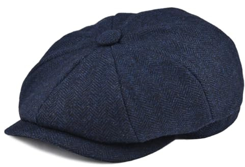 BOTVELA Men's 8 Piece Wool Blend Newsboy Flat Cap Herringbone Pattern Tweed Hat (Navy, 7 3/8)