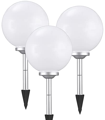 3 x Solar-Kugel-Dekoleuchte OLA D: 25cm Garten Dekokugel mit Erdspieß Lichtfarbe kaltweiss Solar-Erdspießleuchte Boden-Wege-Deko-Lampe (Drm. 25 + 25 + 25cm)