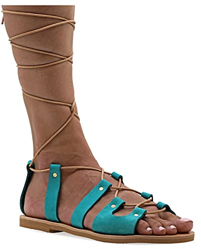 Emmanuela Sandali gladiatori greci antichi, sandali in pelle piatta a mano con dita aperta e lacci, scarpe estive di alta qualità per legare per le donne, Turchese, 38 EU
