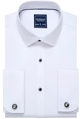 Gollnwe Men's French Cuff Dress Shirt Slim Fit Stretch Solid Long Sleeve Shirts Bussiness Formal White L
