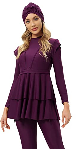 OBEEII Traje de baño musulmán para mujer, 3 piezas, color liso, modesto, de manga larga, hijab árabe islámico, burkini, S-4XL, granate, XL