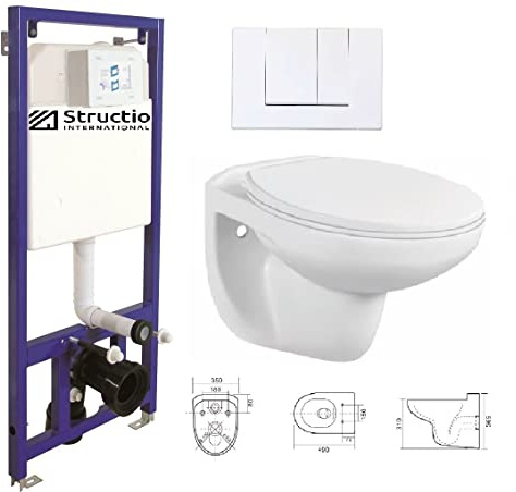 WC Komplettset Spülrandlos Sitz Soft Close Vorwandelement Unterputz Spülkasten Vorwandspülkasten Keramik Unterputzspülkasten Wand WC Set Schüssel + Drückerplatte (Betätigungsplatte 3)