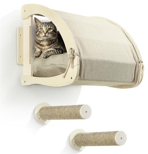 Navaris Lit pour Chat Mural avec Marches - Coussins Amovibles et Cachette en Lin - Meubles Muraux pour Félin