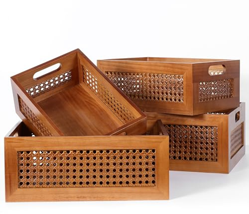 Rattan Wooden Box Set of 4 Handmade Decorative Storage Basket with Handles