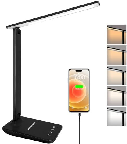 joyshie Desk Lamp Dimmable Led Table Lamp Reading Light with USB Charging Port, 5 Lighting Modes, Touch Control Desk Light, Foldable Nail Lamp for Studying Working Reading Office Bedside
