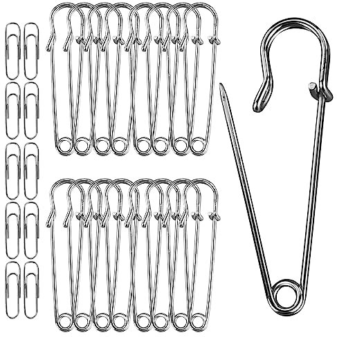 Sicherheitsnadeln Groß, 20 Stück Kilt Sicherheitsnadeln, 50 mm Rostfreier Stahl Heavy Duty Sicherheitsnadel, Starke Sicherheitsnadeln für Decken, mit 30 Stück 28 mm Büroklammern aus Metall