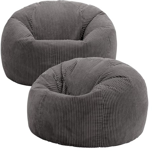 icon Kingston Cord Bean Bag with Filling Included, Set of 2, Grey | Made in the UK, Adult Beanbag, Comfy Chair, Soft Corduroy Fabric, Floor Chair For Lounge and Bedroom